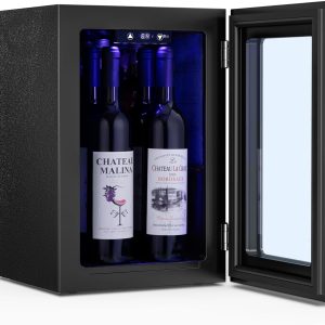 0.6Cu. Ft. Freestanding Wine Cellar Mini Fridge. 4-Bottle Red Wine with 6-Can Beverage Refrigerator. Quiet Compressor. LED Light and Display