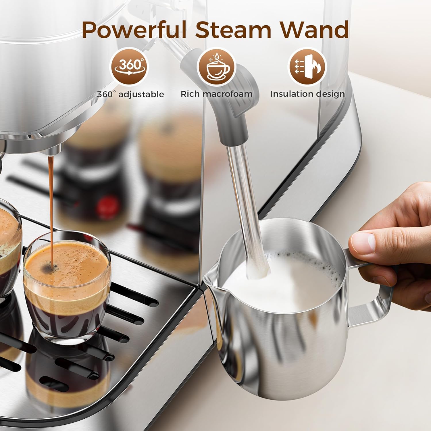 20 Bar Espresso Machine. Professional Espresso Maker with Milk Frother Steam Wand - Image 3