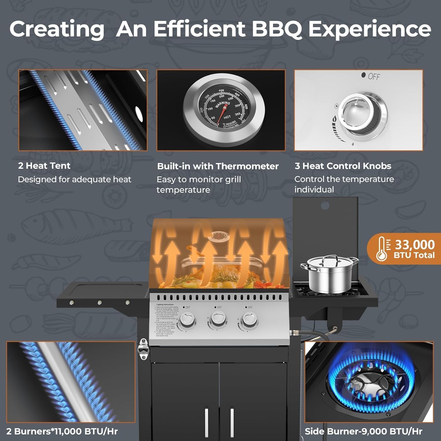 3 Hearth Propane Gas Grill. 355 Sq. Inch Cooking Area. Outdoor Camping Picnic. Black - Image 4