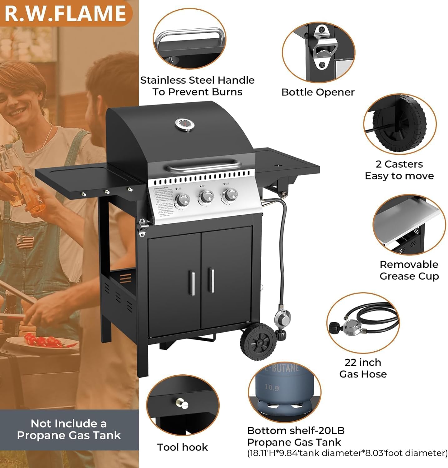 3 Hearth Propane Gas Grill. 355 Sq. Inch Cooking Area. Outdoor Camping Picnic. Black - Image 2