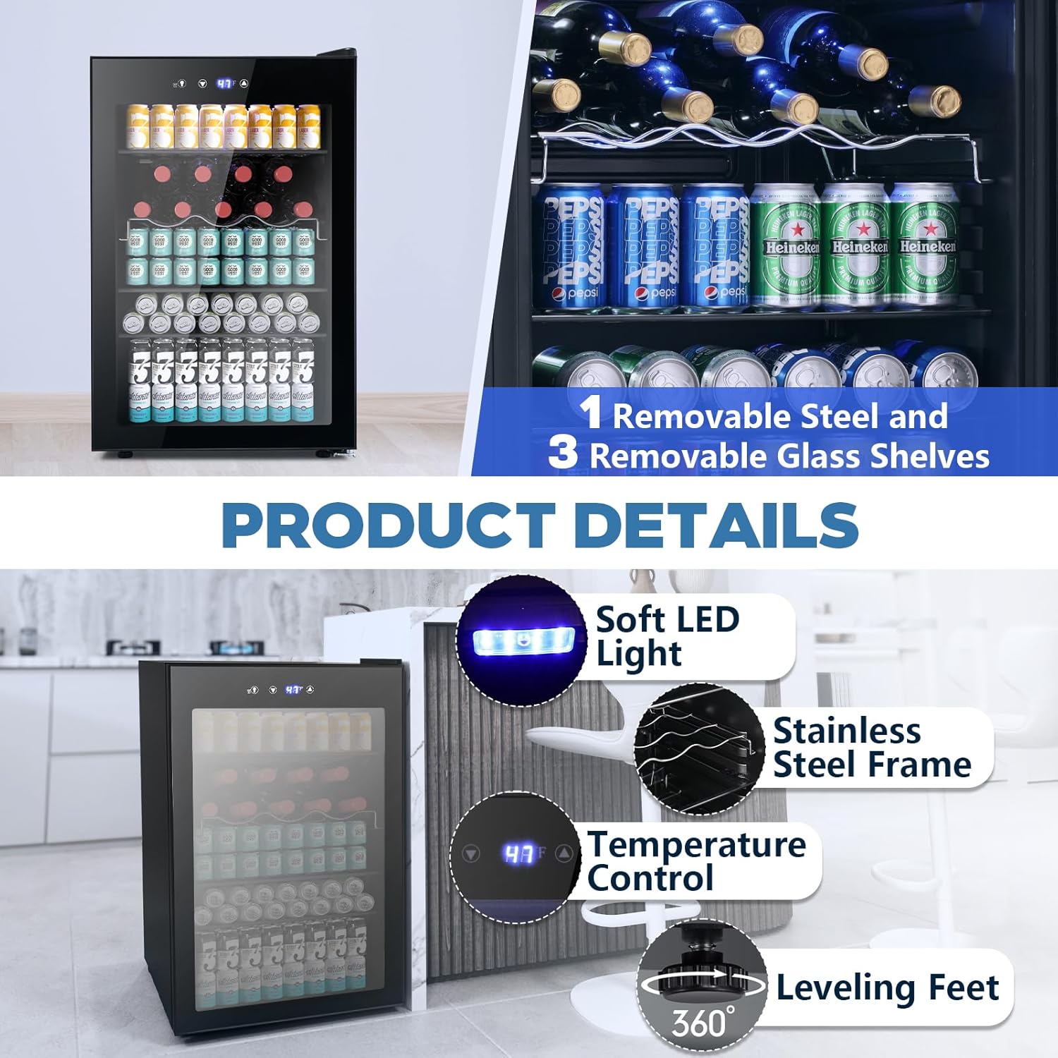 Beverage Refrigerator Cooler 4.5 Cu.Ft.145 Can Mini Fridge with Glass Door W58128BH - Image 5