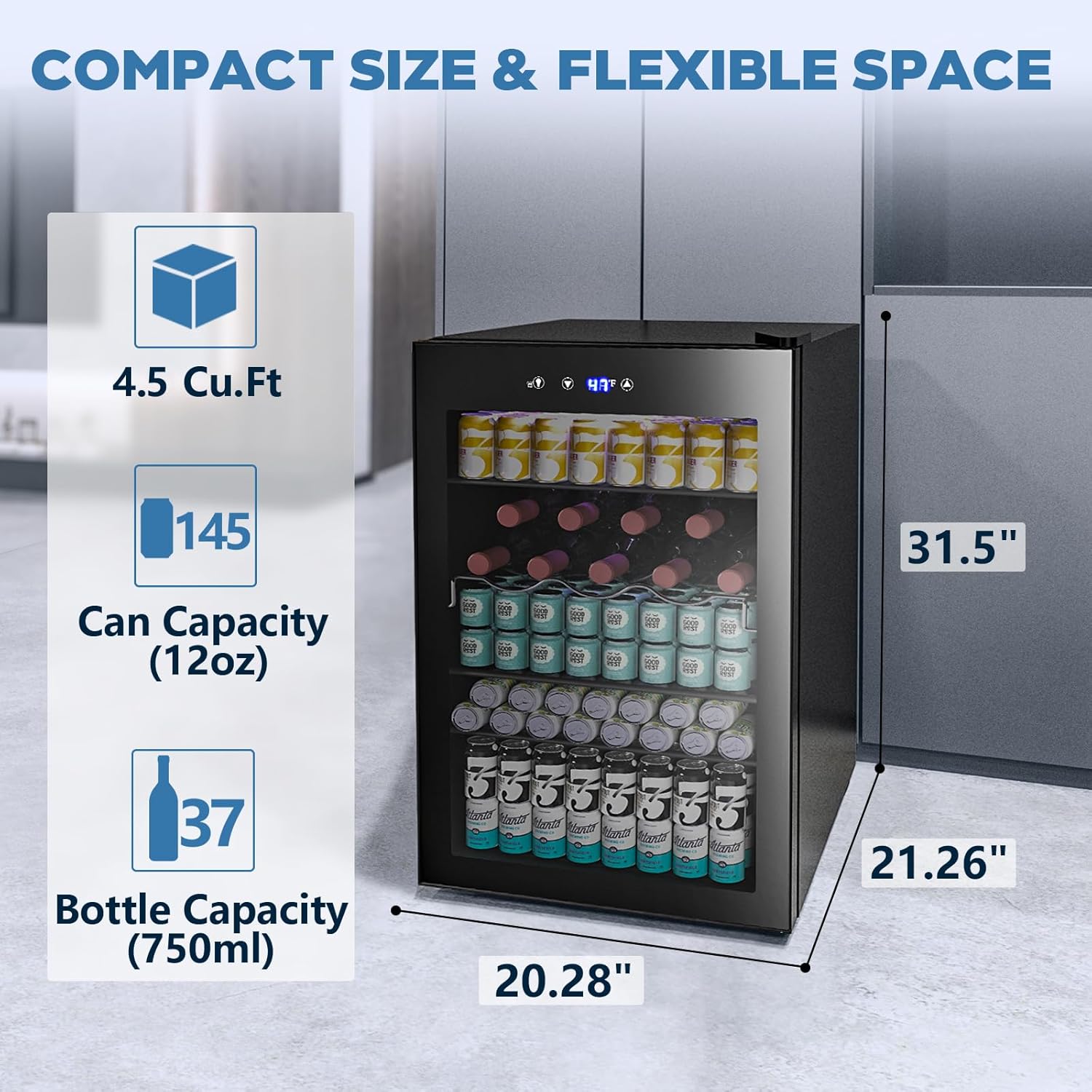 Beverage Refrigerator Cooler 4.5 Cu.Ft.145 Can Mini Fridge with Glass Door W58128BH - Image 2