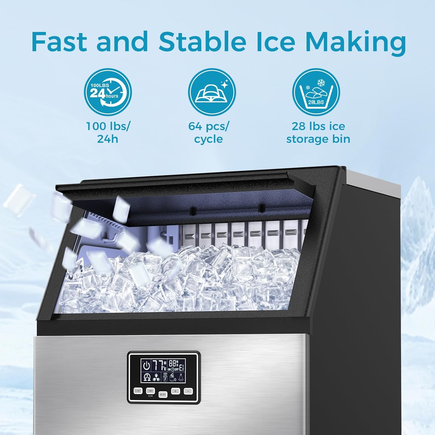 Commercial Ice Maker Machine.100lbs/24H Moon-Shaped Ice Machine with 28 Lbs Storage Capacity - Image 9