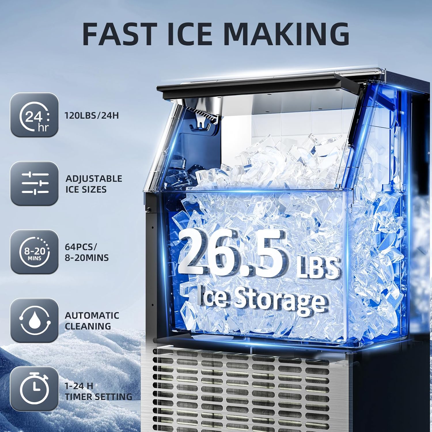 Commercial Ice Maker Machine.100lbs/24H Moon-Shaped Ice Machine with 28 Lbs Storage Capacity - Image 2