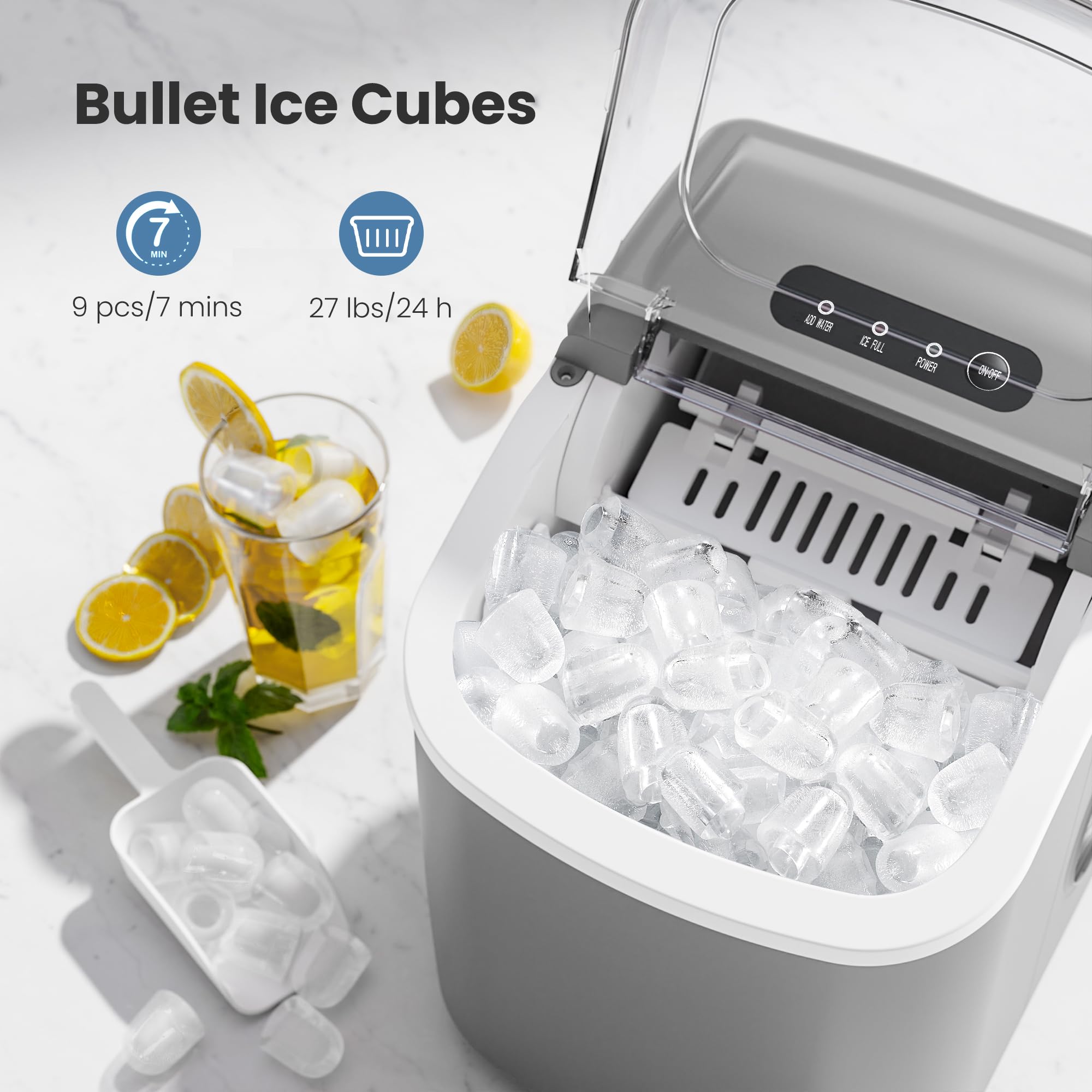 Countertop Ice Maker Machine with Handle. 9 Bullet-Shaped Ice Cubes Ready in 6 Mins. 26Lbs/24H. Self-Cleaning Function with Ice Scoop and Basket for Home/Kitchen/Party (Grey) - Image 2