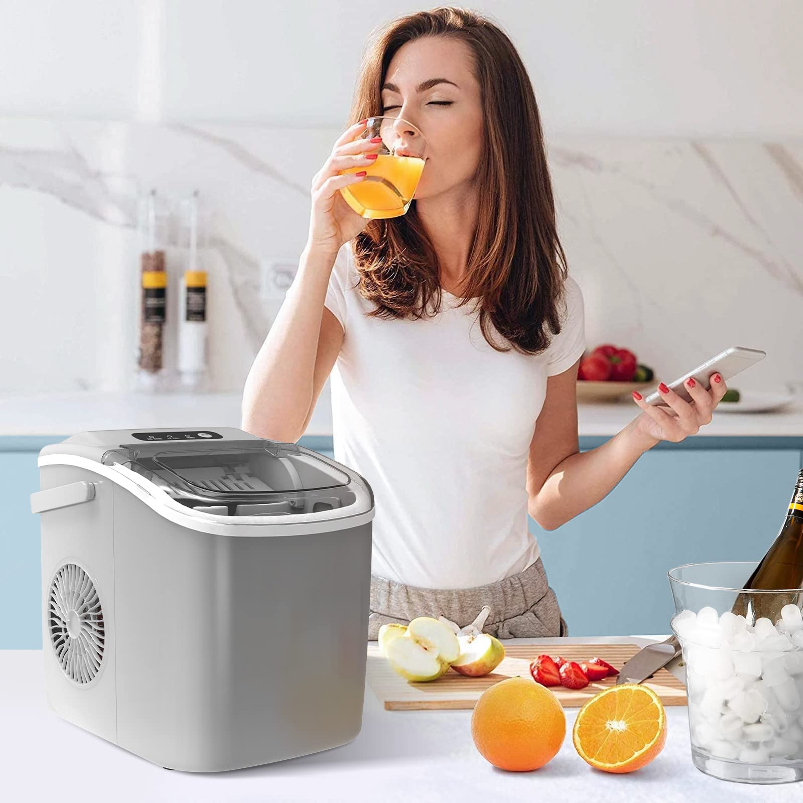 Countertop Ice Maker Machine with Handle. 9 Bullet-Shaped Ice Cubes Ready in 6 Mins. 26Lbs/24H. Self-Cleaning Function with Ice Scoop and Basket for Home/Kitchen/Party (Grey) - Image 8