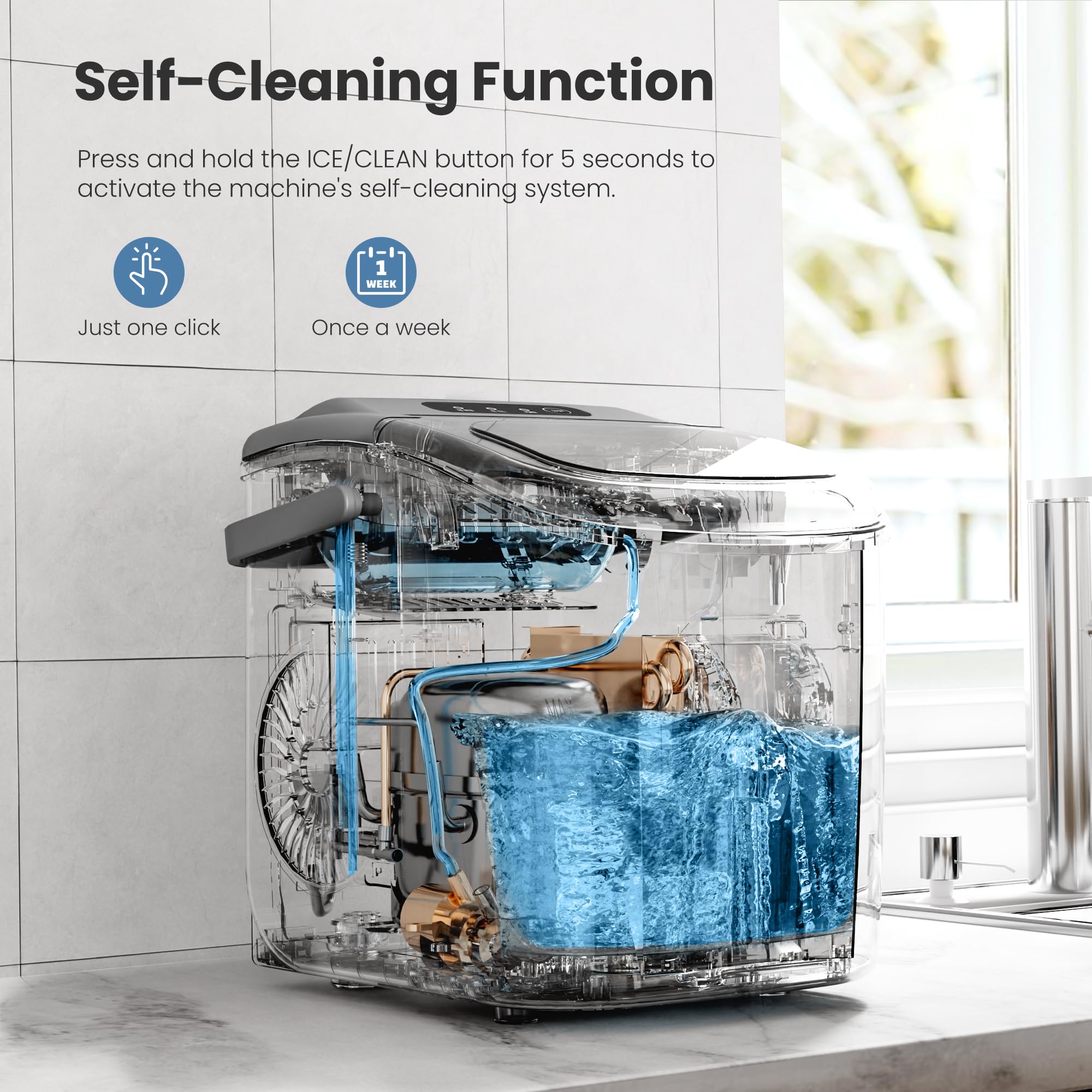 Countertop Ice Maker Machine with Handle. 9 Bullet-Shaped Ice Cubes Ready in 6 Mins. 26Lbs/24H. Self-Cleaning Function with Ice Scoop and Basket for Home/Kitchen/Party (Grey) - Image 3