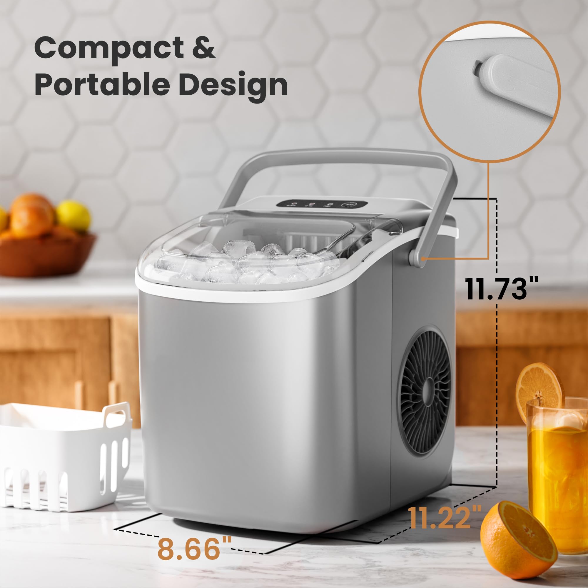 Countertop Ice Maker Machine with Handle. 9 Bullet-Shaped Ice Cubes Ready in 6 Mins. 26Lbs/24H. Self-Cleaning Function with Ice Scoop and Basket for Home/Kitchen/Party (Grey) - Image 6