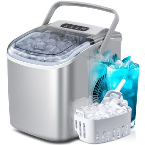 Countertop Ice Maker Machine with Handle. 9 Bullet-Shaped Ice Cubes Ready in 6 Mins. 26Lbs/24H. Self-Cleaning Function with Ice Scoop and Basket for Home/Kitchen/Party (Grey)