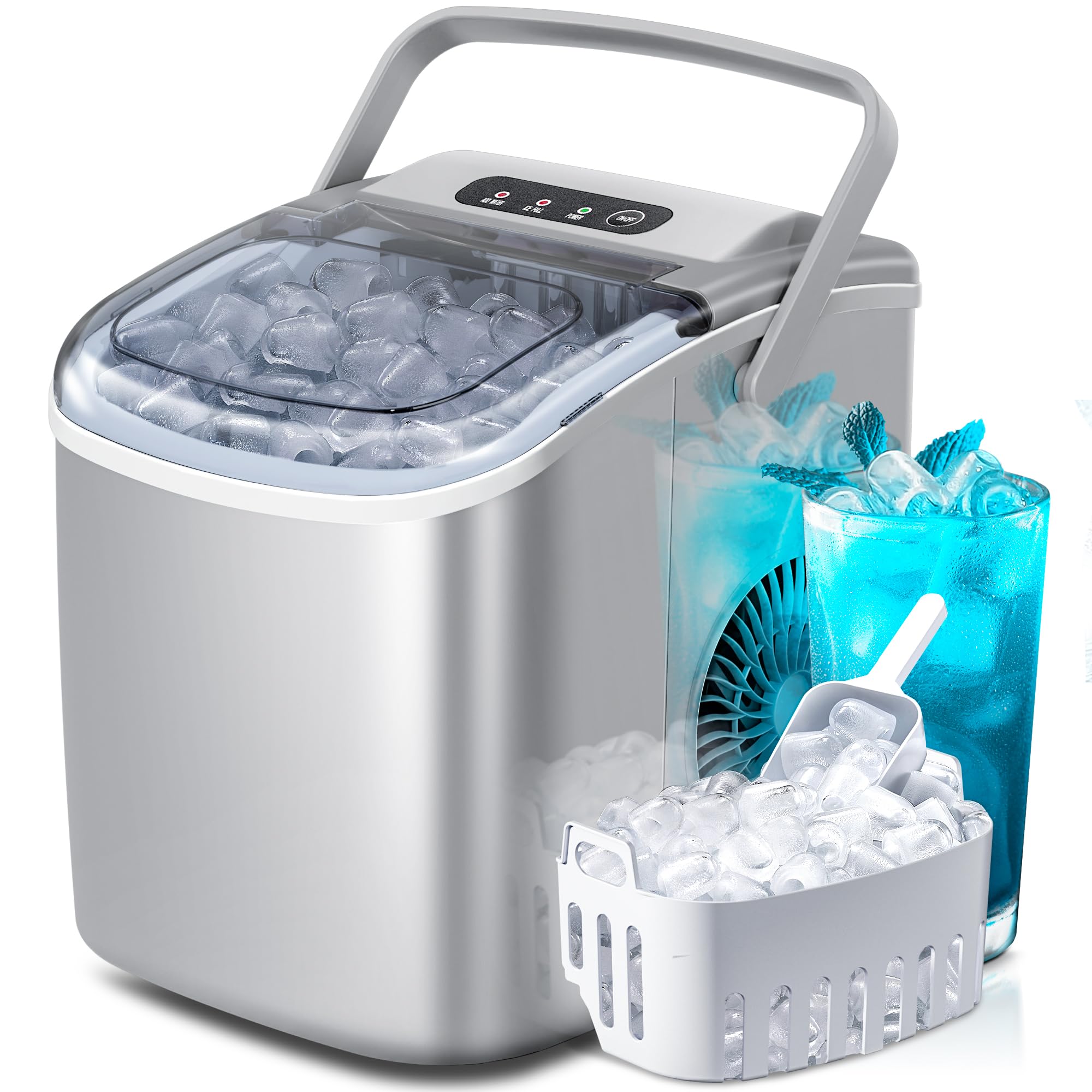 Countertop Ice Maker Machine with Handle. 9 Bullet-Shaped Ice Cubes Ready in 6 Mins. 26Lbs/24H. Self-Cleaning Function with Ice Scoop and Basket for Home/Kitchen/Party (Grey)