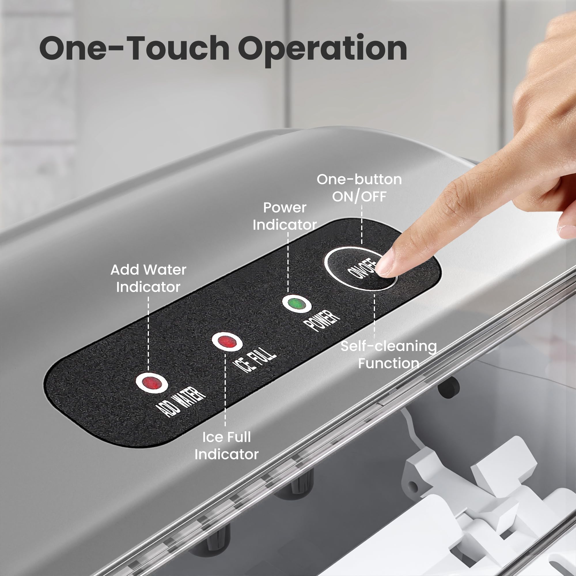 Countertop Ice Maker Machine with Handle. 9 Bullet-Shaped Ice Cubes Ready in 6 Mins. 26Lbs/24H. Self-Cleaning Function with Ice Scoop and Basket for Home/Kitchen/Party (Grey) - Image 4