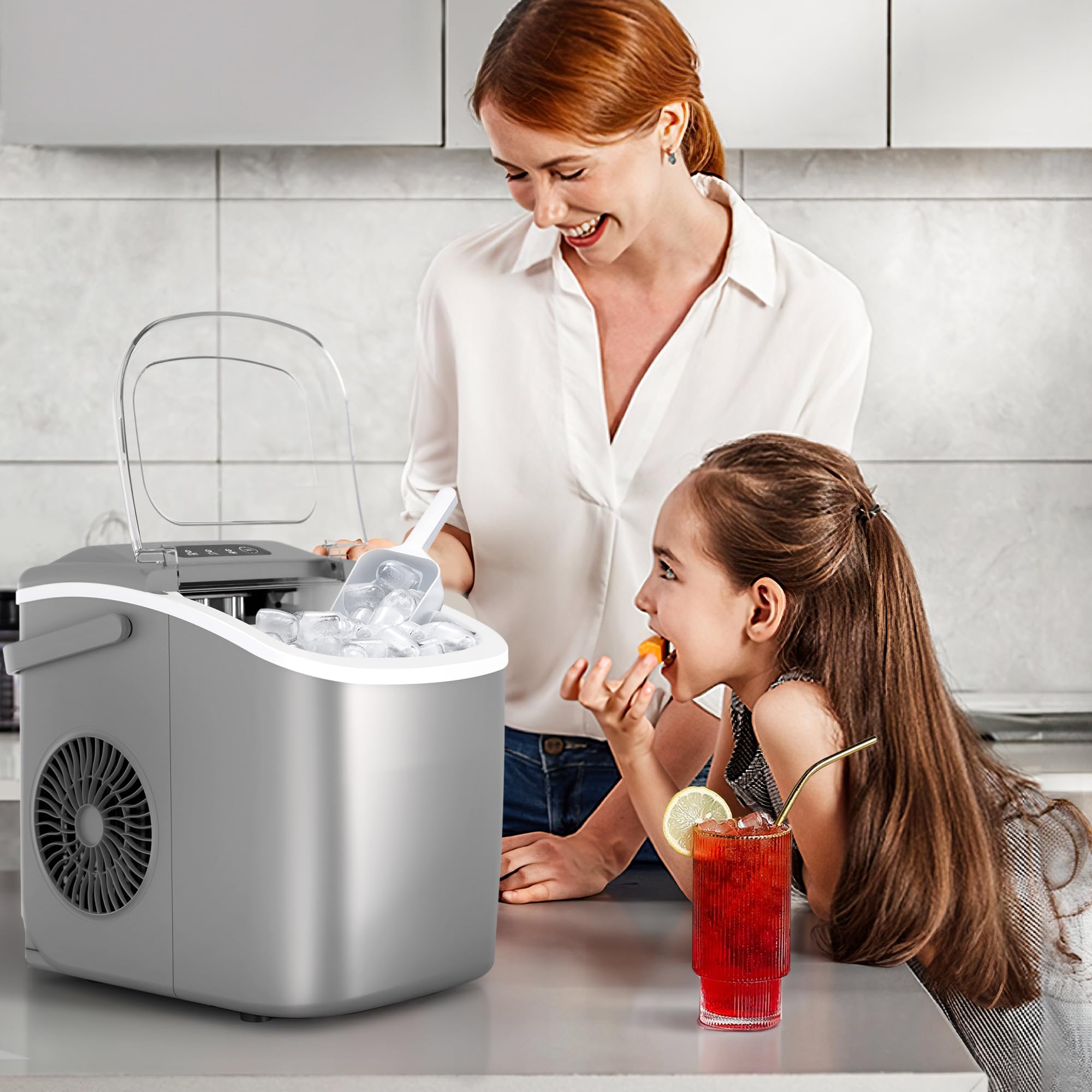 Countertop Ice Maker Machine with Handle. 9 Bullet-Shaped Ice Cubes Ready in 6 Mins. 26Lbs/24H. Self-Cleaning Function with Ice Scoop and Basket for Home/Kitchen/Party (Grey) - Image 7
