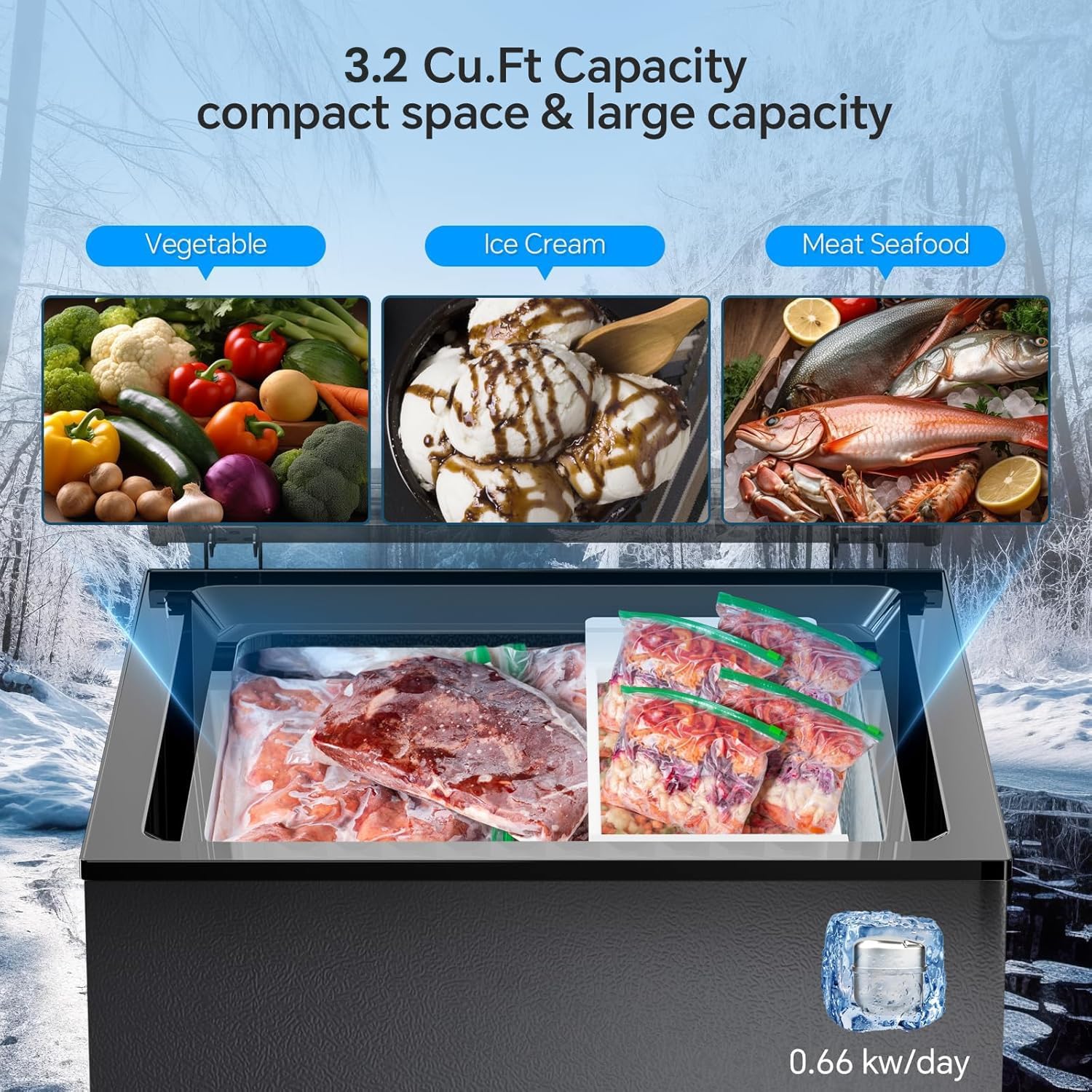 Kismile 3.2 Cubic Feet Chest Freezer with Removable Basket D5880 - Image 4